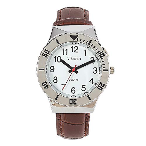 Sprechende Armbanduhr, analog, mit Alarm, Anzeige der Uhrzeit und Datum auf Französisch, für Blind- und Sehbehinderte, Armband aus braunem Leder TFBW-1602F von VISIONU