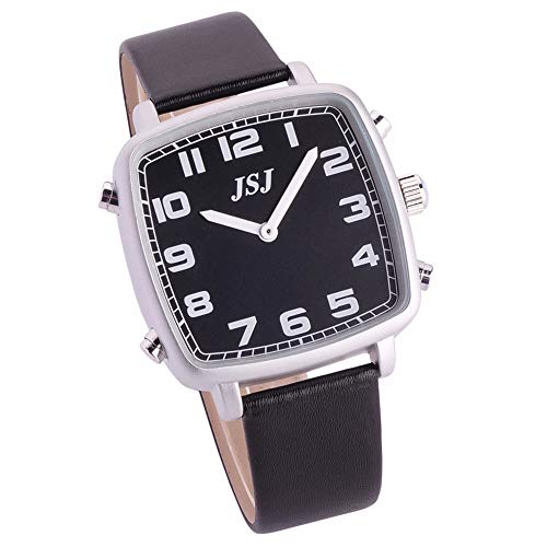Sprechende Armbanduhr mit Sound in Italienisch, mit Wecker und Zeitanzeige, quadratisches Gehäuse mit schwarzem Zifferblatt Band Schwarzes Lederarmband Tisb-1811it von VISIONU