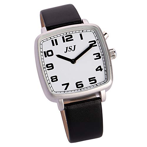 VISIONU Quadratische deutsche sprechende Uhr mit Alarmfunktion, Sprachfunktion, Uhrzeit und Datum, weißes Zifferblatt, schwarzes Lederarmband TGSW-1704G von VISIONU