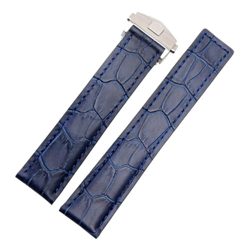 VISIYUBL 19mm / 20mm / 22mm Leder-Faser-Uhr-Armbanduhr Mann-Gummi-Uhr for Strap Dauerhafter Ersatz Schwarzblau-Braun-Fit for Samsung (Color : Blue leather 19mm, Size : Silver clasp) von VISIYUBL