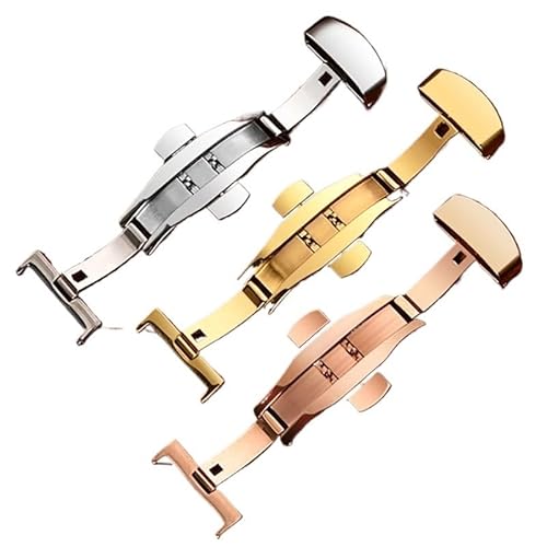 VISIYUBL Edelstahl-Uhrenarmband mit automatischer Druckknopf-Faltschließe, Schmetterlings-Faltschließe, Größe 16 mm, 18 mm, 20 mm, 22 mm, 24 mm(B-Rose Gold,12mm) von VISIYUBL