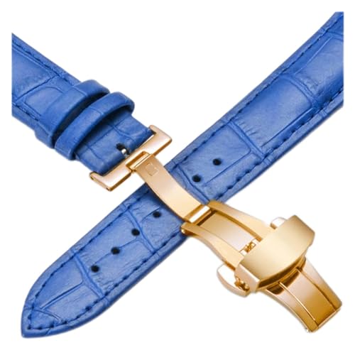 VISIYUBL Lederarmbands 12 14 16 18 20mm Universal Uhr Stahlschmetterlingsschließe Schnalle Strap Armband Armband Armbanduhrarmband (Color : Gold-blue, Size : 14mm) von VISIYUBL