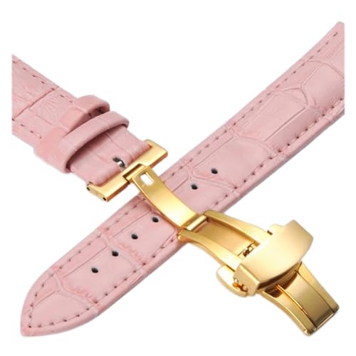VISIYUBL Lederarmbands 12 14 16 18 20mm Universal Uhr Stahlschmetterlingsschließe Schnalle Strap Armband Armband Armbanduhrarmband (Color : Gold-pink, Size : 14mm) von VISIYUBL