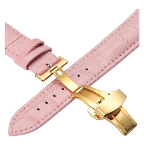 VISIYUBL Lederarmbands 12 14 16 18 20mm Universal Uhr Stahlschmetterlingsschließe Schnalle Strap Armband Armband Armbanduhrarmband (Color : Gold-pink, Size : 16mm) von VISIYUBL