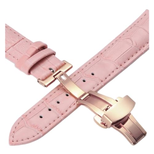 VISIYUBL Lederarmbands 12 14 16 18 20mm Universal Uhr Stahlschmetterlingsschließe Schnalle Strap Armband Armband Armbanduhrarmband (Color : Rose-pink, Size : 16mm) von VISIYUBL