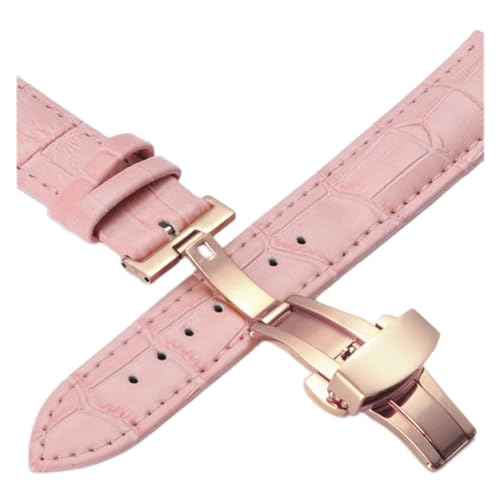 VISIYUBL Lederarmbands 12 14 16 18 20mm Universal Uhr Stahlschmetterlingsschließe Schnalle Strap Armband Armband Armbanduhrarmband (Color : Rose-pink, Size : 20mm) von VISIYUBL