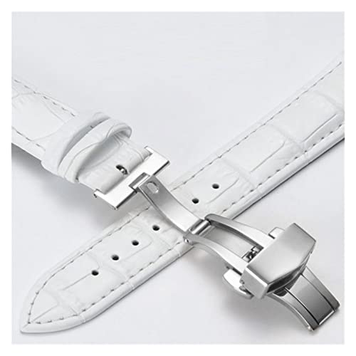 VISIYUBL Lederarmbands 12 14 16 18 20mm Universal Uhr Stahlschmetterlingsschließe Schnalle Strap Armband Armband Armbanduhrarmband (Color : Silver-White, Size : 20mm) von VISIYUBL