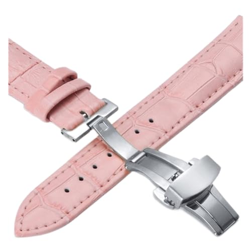 VISIYUBL Lederarmbands 12 14 16 18 20mm Universal Uhr Stahlschmetterlingsschließe Schnalle Strap Armband Armband Armbanduhrarmband (Color : Silver-pink, Size : 15mm) von VISIYUBL