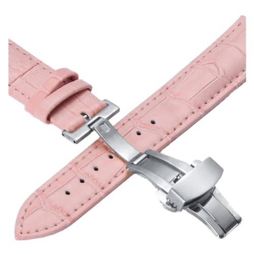 VISIYUBL Lederarmbands 12 14 16 18 20mm Universal Uhr Stahlschmetterlingsschließe Schnalle Strap Armband Armband Armbanduhrarmband (Color : Silver-pink, Size : 18mm) von VISIYUBL