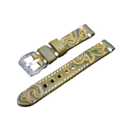 VISIYUBL Uhrenarmband 20mm 22mm Vintage Leder geschnitztes geprägtes Uhren-Armband-Armband mit geschnitzter Schnalle gravierter Verschluss Fit for Panerai (Color : Yellow, Size : 22mm) von VISIYUBL
