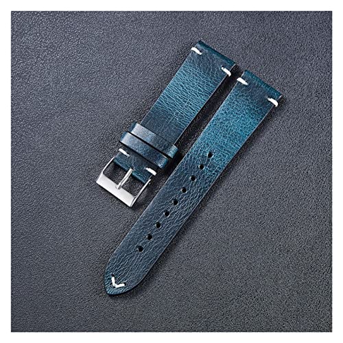 VISIYUBL Vintage Öl Wachs Leder Uhrenarmband 20mm 22mm Handgemachte Nähte Leder Uhrenarmband for Männer Handgelenk Armband Uhrband (Color : Blue, Size : 22mm) von VISIYUBL