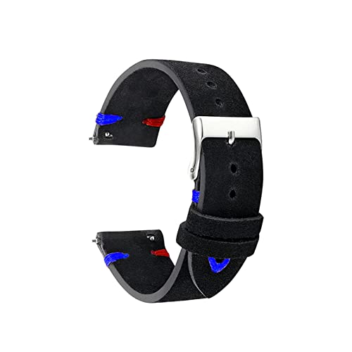 VISIYUBL Watch Strap Band Wildleder Leder 18mm 20mm 22mm Uhrenarmband Schwarze Männer Frauen Watch Strap Gürtel Handgemachte Zubehör KZSD03. (Color : Black-Red Blue Line, Size : 22mm) von VISIYUBL