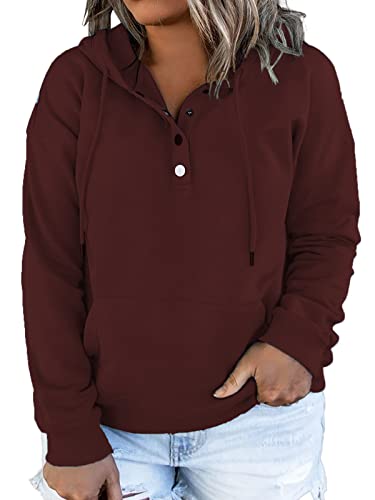 VISLILY Damen-Plus-Size-Hoodies Knöpfe Kragen Kapuzen-Sweatshirts Kordelzug Pullover Tops mit Kängurutasche XL-4XL, A-Wine Rot, 58 Große Größen von VISLILY