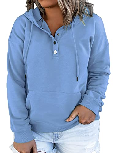 VISLILY Damen-Plus-Size-Hoodies Knöpfe Kragen Kapuzen-Sweatshirts Kordelzug Pullover Tops mit Kängurutasche XL-4XL, A-blau, 48 Große Größen von VISLILY