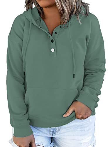 VISLILY Damen-Plus-Size-Hoodies Knöpfe Kragen Kapuzen-Sweatshirts Kordelzug Pullover Tops mit Kängurutasche XL-4XL, A-grün, 56 Große Größen von VISLILY