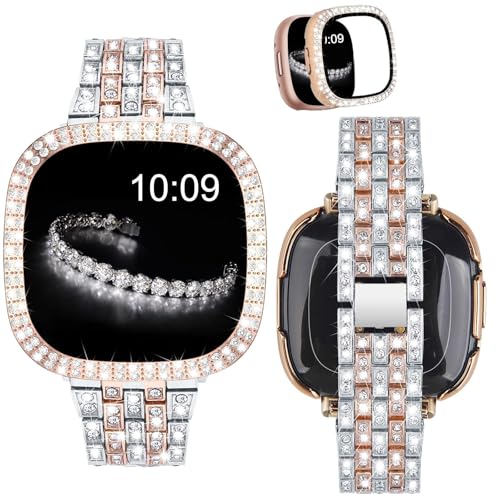 VISOOM Diamantarmband mit Hülle kompatibel mit Fitbit Versa 4/Sense 2 Armbänder, Frauen Elegante Glitter Schmuck Armbänder Metallband Ersatz für Fitbit Sense 2-Sil&RG-Rosegold von VISOOM