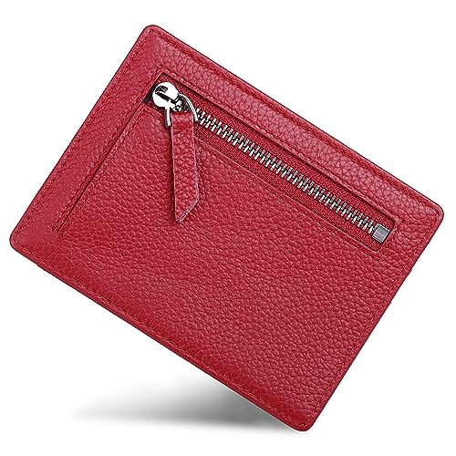VISOUL Damen Klein Echtes Leder Kreditkartenetui RFID Schutz Minimalistischer Kartenhalter Hüllen Kartenetui Portemonnaie Front Tasche Geldbörse Mini Kreditkarten Etuis Mit Münzfach KB10 T14 Rot von VISOUL