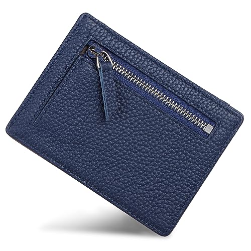 VISOUL Damen Klein Echtes Leder Kreditkartenetui RFID Schutz Minimalistischer Kartenhalter Hüllen Kartenetui Portemonnaie Front Tasche Geldbörse Mini Kreditkarten Etuis Mit Münzfach KB10 T16 Blau von VISOUL