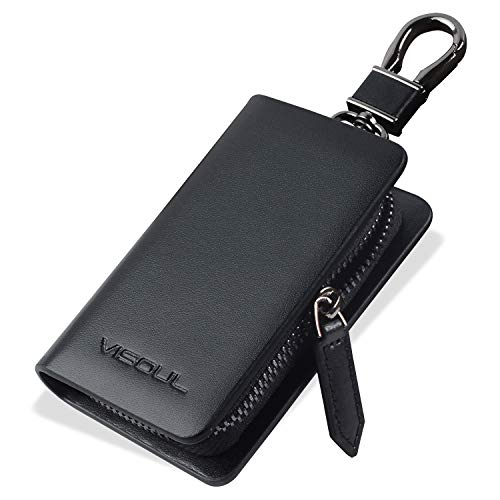 VISOUL Echt Leder Autoschlüssel Abdeckung Schlüsseltasche Hülle-Anhänger Antik Vintage Schwarz Karabienerhacken Tasche Reißverschluss A01 von VISOUL