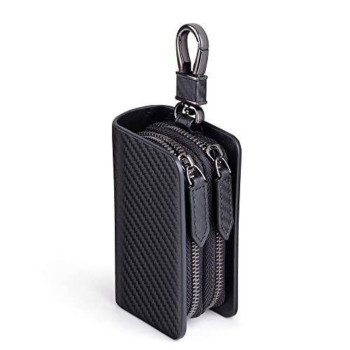 VISOUL Echt Leder Autoschlüssel Abdeckung Schlüsseltasche Auto Schlüssel Anhänger Antik Vintage Doppelter Reißverschluss Karabienerhacken Tasche Carbon E01 von VISOUL
