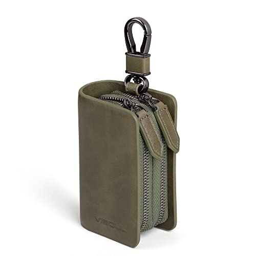 VISOUL Echt Leder Autoschlüssel Abdeckung Schlüsseltasche Auto Schlüssel Anhänger Antik Vintage Doppelter Reißverschluss Karabienerhacken Tasche Grün E01 von VISOUL