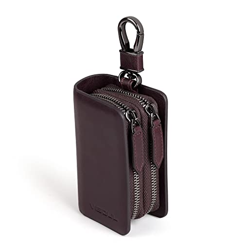 VISOUL Echt Leder Autoschlüssel Abdeckung Schlüsseltasche Auto Schlüssel Anhänger Antik Vintage Doppelter Reißverschluss Karabienerhacken Tasche Kaffee E01 von VISOUL