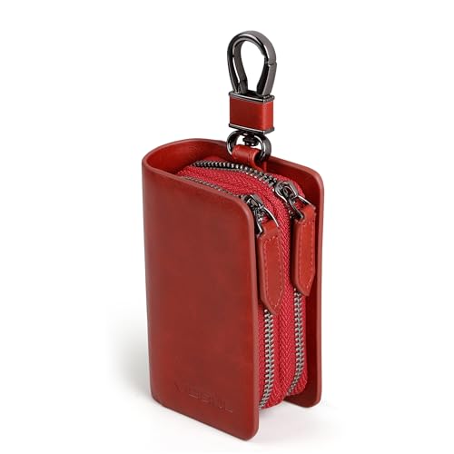VISOUL Echt Leder Autoschlüssel Abdeckung Schlüsseltasche Auto Schlüssel Anhänger Antik Vintage Doppelter Reißverschluss Karabienerhacken Tasche Rot E01 von VISOUL