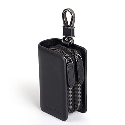 VISOUL Echt Leder Autoschlüssel Abdeckung Schlüsseltasche Auto Schlüssel Anhänger Antik Vintage Doppelter Reißverschluss Karabienerhacken Tasche Schwarz E01 von VISOUL