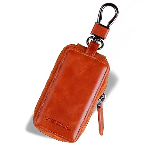VISOUL Echt Leder Autoschlüssel Abdeckung Schlüsseltasche Auto-Schlüssel-Anhänger Antik Vintage Karabienerhacken Tasche Reißverschluss Orange-D02 von VISOUL