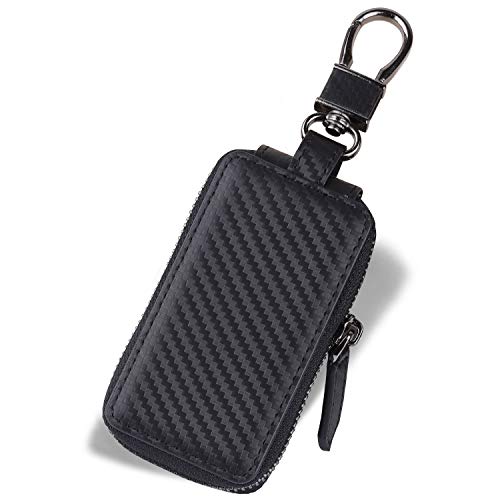 VISOUL Echt Leder Schlüsselanhänger Schlüsseltasche Auto Schlüssel Anhänger Antik Vintage Karabienerhacken Tasche Reißverschluss C02 Schwarz von VISOUL