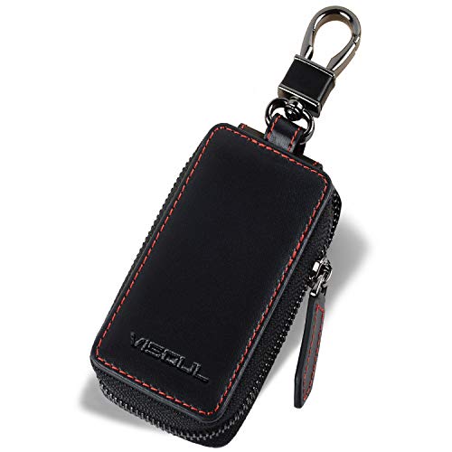 VISOUL Echt Leder Autoschlüssel Abdeckung Schlüsseltasche Hülle-Anhänger Antik Vintage Schwarz Karabienerhacken Tasche Reißverschluss A03 von VISOUL