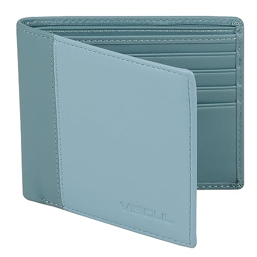 VISOUL Echt Leder Geldbörse Herren mit RFID Schutz Portemonnaie Groß mit Münzfach 8 Fächer Echtleder Geldbeutel für Männer Brieftasche Wallet Portmone Q07 Graublau+Hellblau von VISOUL