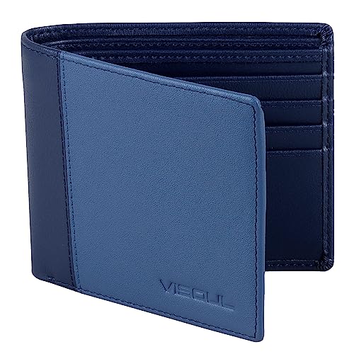 VISOUL Echt Leder Geldbörse Herren mit RFID Schutz Portemonnaie Groß mit Münzfach 8 Fächer Echtleder Geldbeutel für Männer Brieftasche Wallet Portmone Q07 Hellblau+Dunkelblau von VISOUL