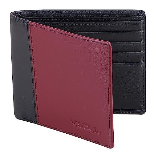 VISOUL Echt Leder Geldbörse Herren mit RFID Schutz Portemonnaie Groß mit Münzfach 8 Fächer Echtleder Geldbeutel für Männer Brieftasche Wallet Portmone Q07 Rot+Schwarz von VISOUL