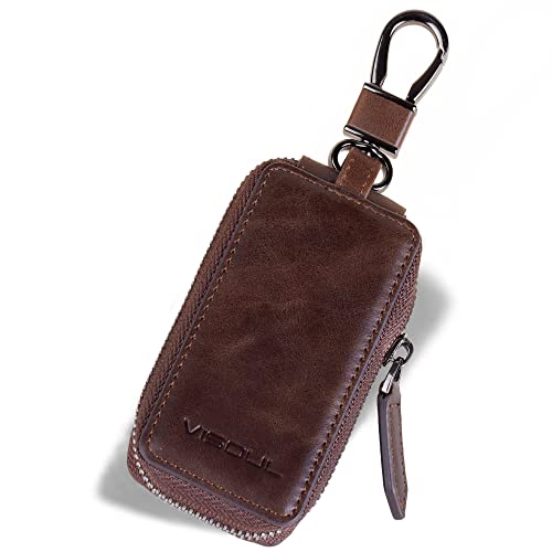 VISOUL Echt Leder Schlüsselanhänger Schlüsseltasche Auto Schlüssel Anhänger Antik Vintage Karabienerhacken Tasche Reißverschluss D02 Kaffee von VISOUL