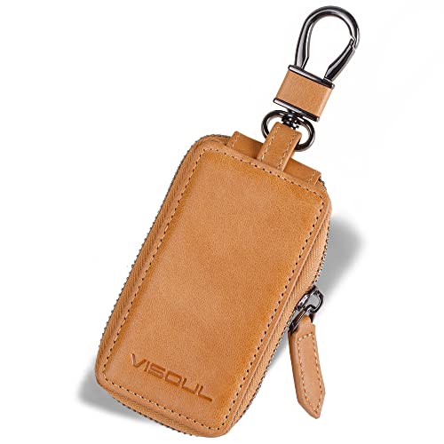VISOUL Echt Leder Schlüsselanhänger Schlüsseltasche Auto Schlüssel Anhänger Antik Vintage Karabienerhacken Tasche Reißverschluss D02 Tan von VISOUL