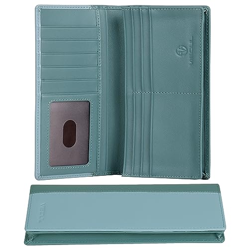 VISOUL Echtleder Geldbörse echtes Leder XXL Langes Portemonnaie Kreditkartenetui Groß Geldbeutel mit RFID Schutz Portemonnaie Brieftasche Wallet Portmonee für Herren Grau Hellblau von VISOUL