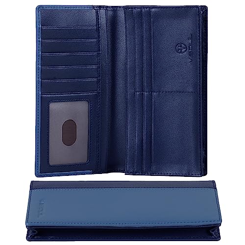 VISOUL Echtleder Geldbörse echtes Leder XXL Langes Portemonnaie Kreditkartenetui Groß Geldbeutel RFID Schutz Portemonnaie Brieftasche Wallet Portmonee für Herren X04Hellblau+Dunkelblau von VISOUL