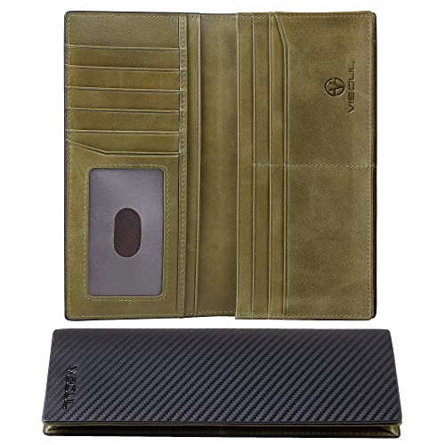 VISOUL Echtleder Geldbörse | echtes Vintage Leder - XXL Langes Portemonnaie - Kreditkartenetui | Herren Geldbeutel - RFID Schutz Portemonnaie Brieftasche Wallet Portmonee(Carbon+grün) X01 von VISOUL