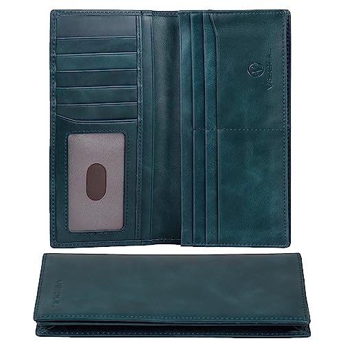 VISOUL Echtleder Geldbörse | echtes Vintage Leder - XXL Langes Portemonnaie - Kreditkartenetui | Damen - Herren Geldbeutel - RFID Schutz Portemonnaie Brieftasche Wallet Portmonee 15# Blau von VISOUL