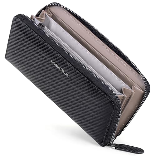 VISOUL Geldbörse aus echtem Leder, lange Geldbörse mit Reißverschluss, für Herren, mit RFID-Blockierung, Kartenetui mit großer Kapazität, Geldbörse mit 12 Kartenfächern, Schwarz + Grau von VISOUL