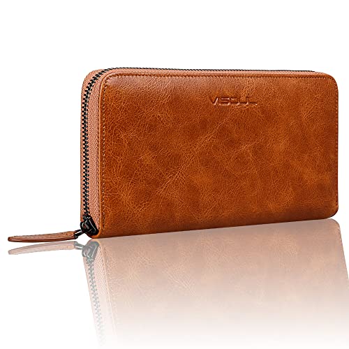 VISOUL Premium Brieftasche Echtleder Italienisches Leder mit RFID Schutz, XL Geldbörse für Herren Damen L02 Braun von VISOUL