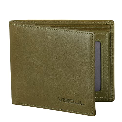 VISOUL Herren Bifold Geldbörse mit 2 Ausweis-Fenstern, Echtleder Kartenhalter Fronttasche Geldbörse mit RFID-Blockierung für Männer (Schwarz und Burgunderrot), Grün , Vintage von VISOUL