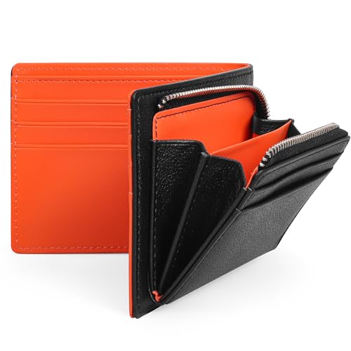 VISOUL Herren Geldbörse aus Echtem Leder mit RFID Schutz, Querformat Portemonnaie für Männer Orange Q10 von VISOUL