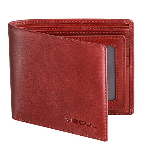 VISOUL Leder Geldbörse Herren mit ID-Fenster & RFID Schutz I Echtleder Geldbeutel für Männer I Portemonnaie Brieftasche Wallet Portmonee A48 Rot von VISOUL