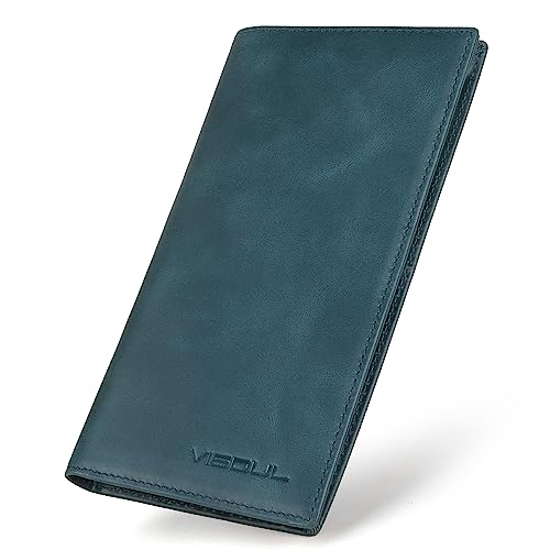 VISOUL Herren Scheckbuch Leder Geldbörsen Lange Bifold Brieftaschen für Männer Anzug Geldbörse mit 3 Bargeldfächern, 12 Kreditkartenfächer, Dunkelblau, Einheitsgröße, Scheckbuch-Brieftasche von VISOUL