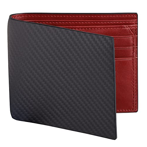 VISOUL Herrengeldbörse aus Leder aus Kohlefaser mit RFID-Blockierung Geldbörse aus echtem Leder für Herren Bifold Geldbörse mit klappbarem ID-Fenster und 9 Kartenfächern, Schwarz + Rot von VISOUL