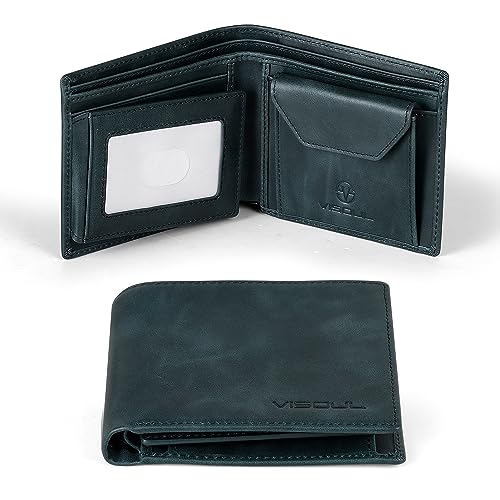 VISOUL Leder Geldbörse Herren mit ID-Fenster/Münzfach & RFID Schutz I Echtleder Geldbeutel für Männer I Portemonnaie Brieftasche Wallet Portmonee Q09 15 Blau von VISOUL