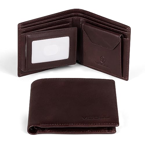 VISOUL Leder Geldbörse Herren mit ID-Fenster/Münzfach & RFID Schutz I Echtleder Geldbeutel für Männer I Portemonnaie Brieftasche Wallet Portmonee Q09 A-9 Kaffee von VISOUL