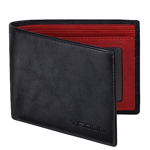 VISOUL Leder Geldbörse Herren mit ID Fenster RFID Schutz,Echtleder Geldbeutel für Männer Portemonnaie Brieftasche Wallet Portmonee Schwarz Red von VISOUL